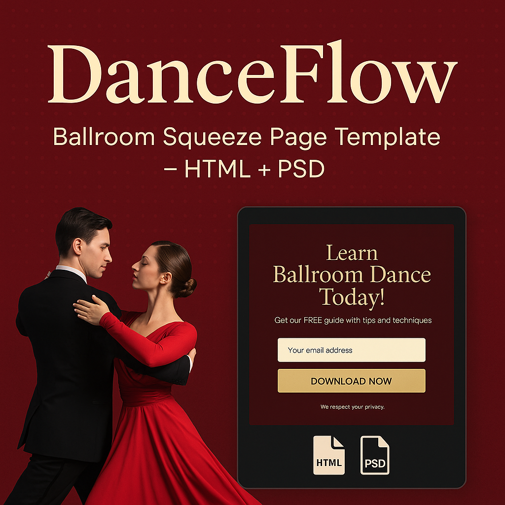 DanceFlow: Elegant Ballroom Squeeze Page Template (HTML + PSD)